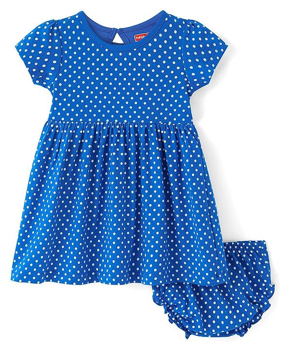 Babyhug Single Jersey Knit Half Sleeves Polka Dots Printed Frock with Bloomer - Blue