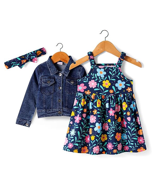 Babyhug Single Jersey Knit Full Sleeves Jacket & Floral Printed Frock with Headband - Navy Blue