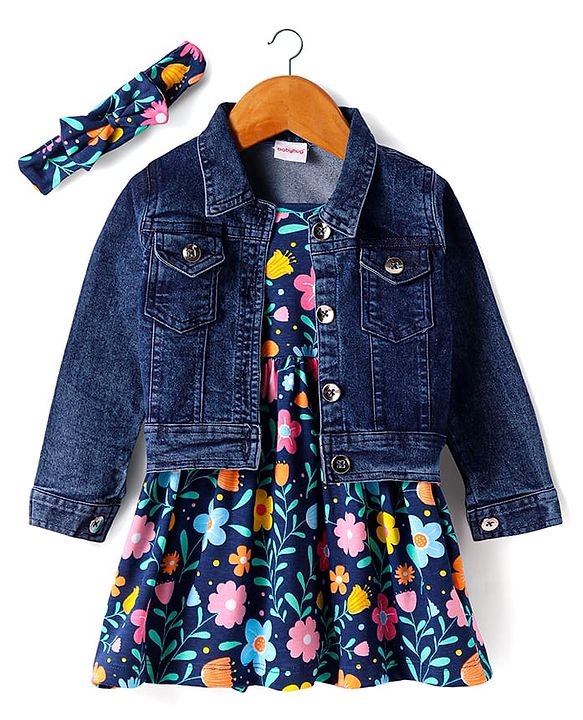 Babyhug Single Jersey Knit Full Sleeves Jacket & Floral Printed Frock with Headband - Navy Blue