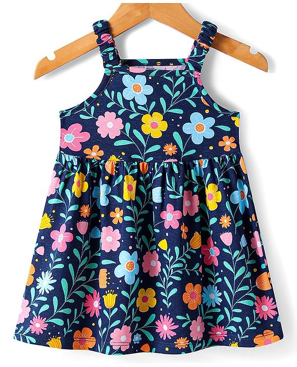 Babyhug Single Jersey Knit Full Sleeves Jacket & Floral Printed Frock with Headband - Navy Blue
