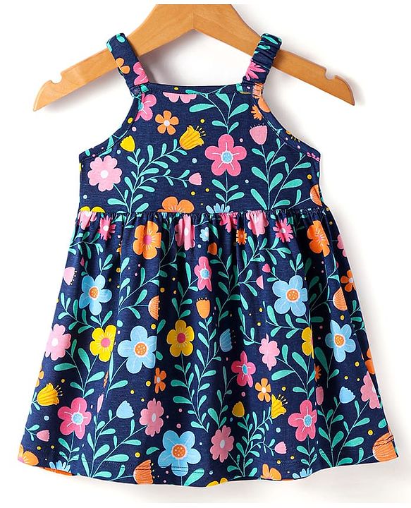 Babyhug Single Jersey Knit Full Sleeves Jacket & Floral Printed Frock with Headband - Navy Blue