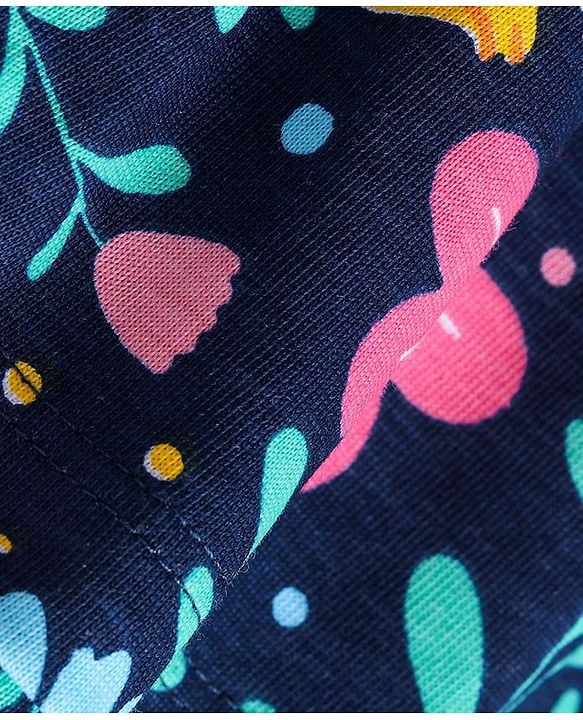 Babyhug Single Jersey Knit Full Sleeves Jacket & Floral Printed Frock with Headband - Navy Blue