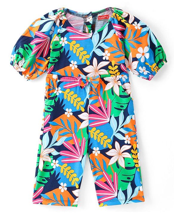 Babyhug Single Jersey Knit Half Sleeves Jumpsuit with Floral Print & Bow Applique - Navy Blue