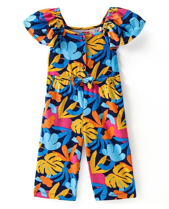 Babyhug Single Jersey Knit Half Sleeves Jumpsuit with Tropical Theme & Bow Applique - Navy Blue
