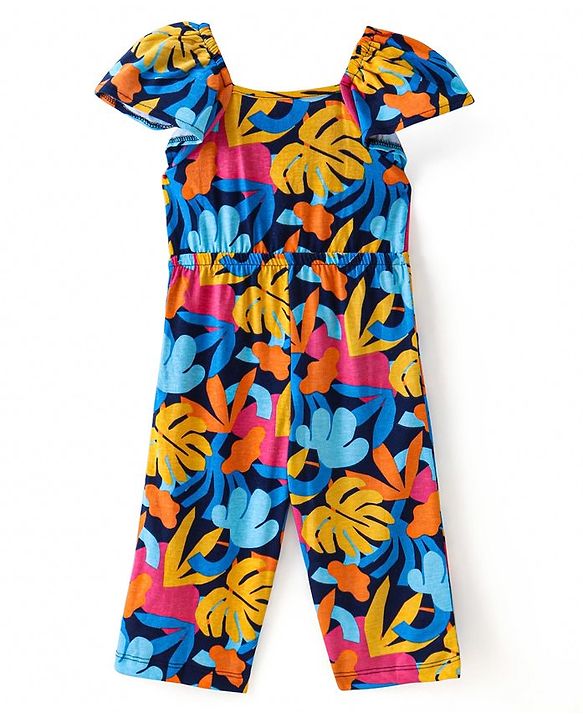 Babyhug Single Jersey Knit Half Sleeves Jumpsuit with Tropical Theme & Bow Applique - Navy Blue