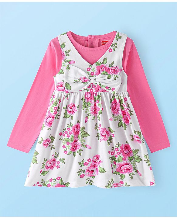 Babyhug Single Jersey Knit Frock with Full Sleeves Inner Tee Floral Print & Bow Applique - Pink & White