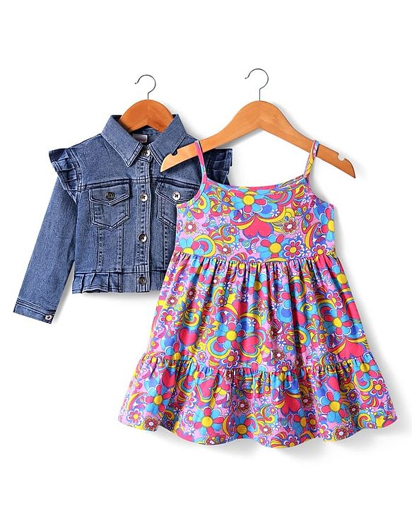Babyhug Single Jersey Knit Floral Printed Frock With Full Sleeves Denim Jacket - Navy Blue
