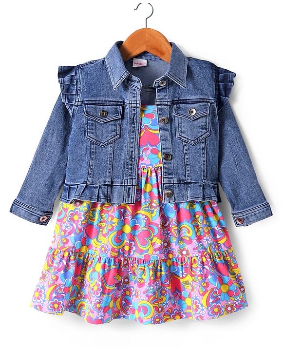 Babyhug Single Jersey Knit Floral Printed Frock With Full Sleeves Denim Jacket - Navy Blue
