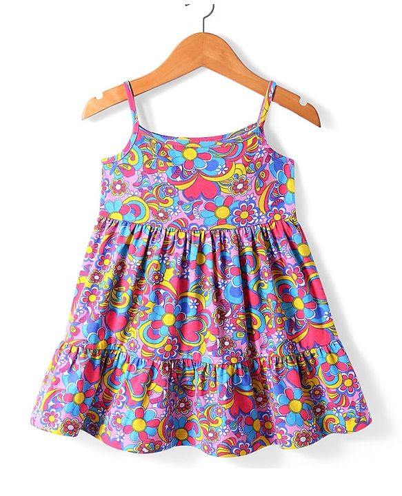 Babyhug Single Jersey Knit Floral Printed Frock With Full Sleeves Denim Jacket - Navy Blue
