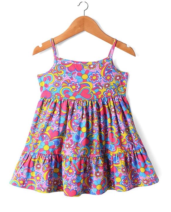 Babyhug Single Jersey Knit Floral Printed Frock With Full Sleeves Denim Jacket - Navy Blue