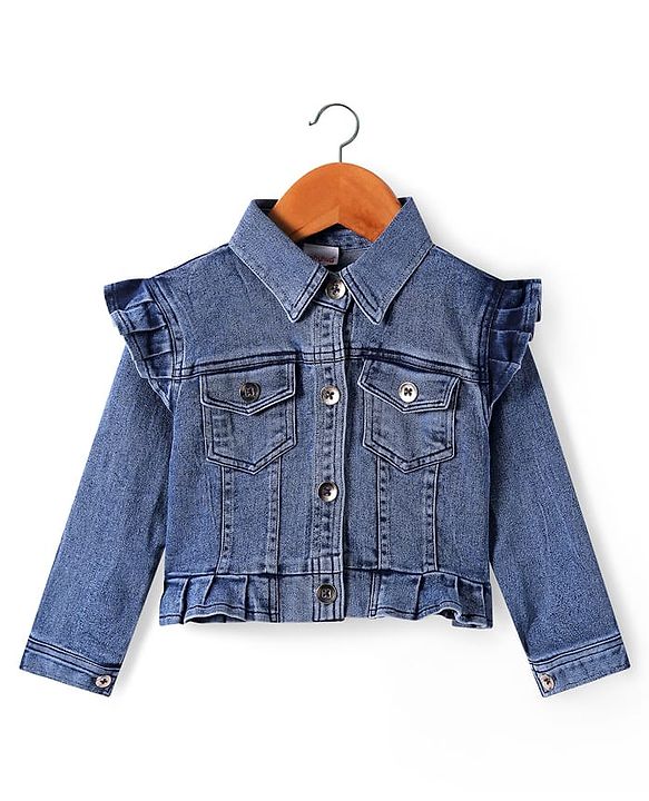 Babyhug Single Jersey Knit Floral Printed Frock With Full Sleeves Denim Jacket - Navy Blue