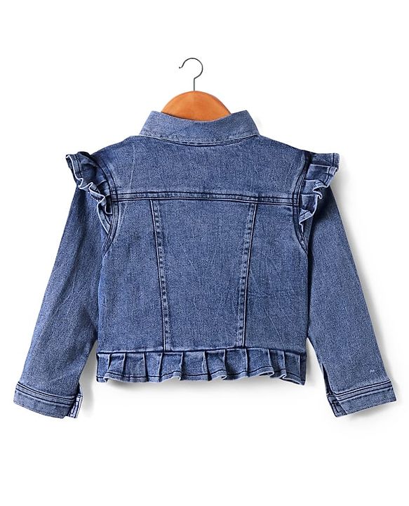 Babyhug Single Jersey Knit Floral Printed Frock With Full Sleeves Denim Jacket - Navy Blue