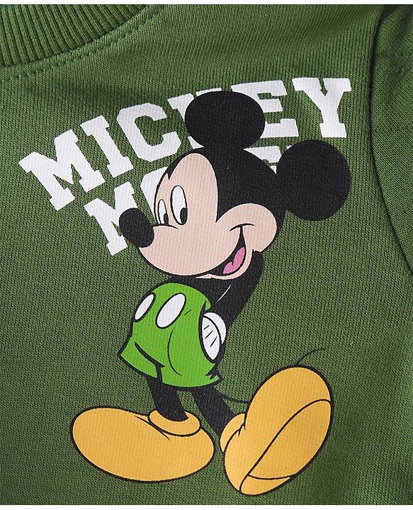 Babyhug Disney Cotton Knit Full Sleeves Sweatshirt with Mickey Mouse Graphics & Kangaroo Pockets - Green