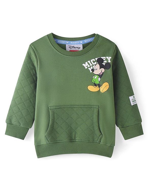 Babyhug Disney Cotton Knit Full Sleeves Sweatshirt with Mickey Mouse Graphics & Kangaroo Pockets - Green