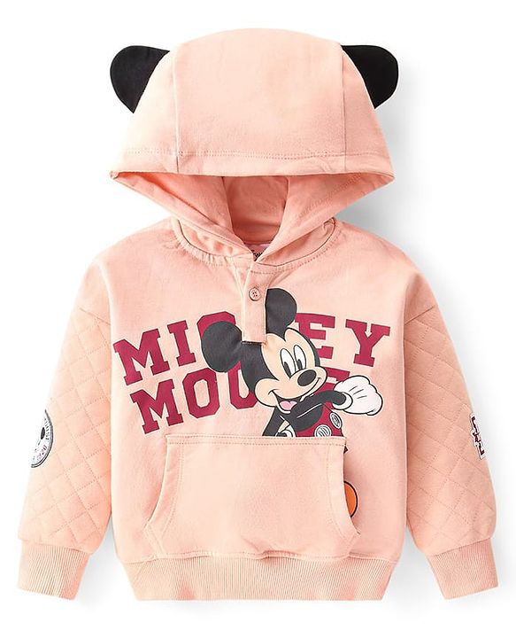 Babyhug Disney Full Sleeves Hooded Sweat Shirt With Mickey Mouse Graphic & 3D Applique - Peach