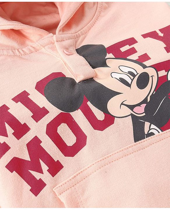 Babyhug Disney Full Sleeves Hooded Sweat Shirt With Mickey Mouse Graphic & 3D Applique - Peach