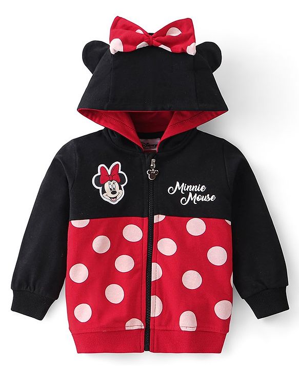 Babyhug Disney Knit Front Open Full Sleeves Sweatjacket With Minnie Mouse Graphics and Bow Detailing - Black & Red