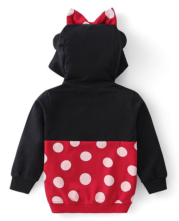 Babyhug Disney Knit Front Open Full Sleeves Sweatjacket With Minnie Mouse Graphics and Bow Detailing - Black & Red