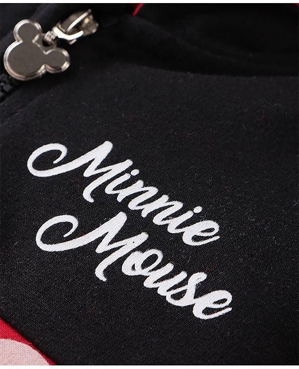 Babyhug Disney Knit Front Open Full Sleeves Sweatjacket With Minnie Mouse Graphics and Bow Detailing - Black & Red