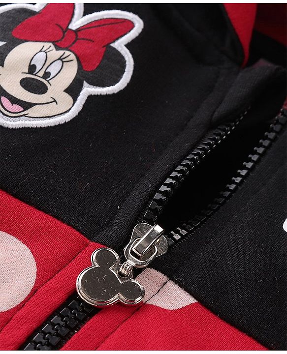 Babyhug Disney Knit Front Open Full Sleeves Sweatjacket With Minnie Mouse Graphics and Bow Detailing - Black & Red