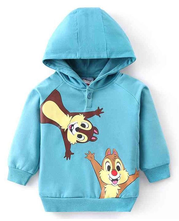 Babyhug Disney Raglan Full Sleeves Sweatshirt With Hood & Chip N Dale Graphics Detailing - Blue