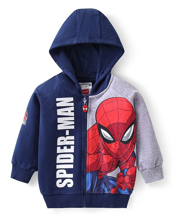 Babyhug Marvel Front Open Full Raglan Sleeves Hooded Sweat Shirt With Spider Man Graphic - Navy Blue