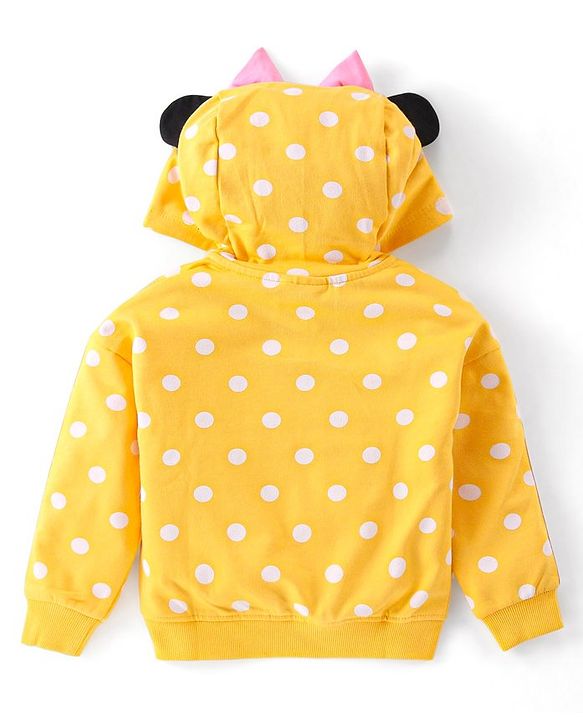 Babyhug Disney Cotton Knit Hooded Sweatshirt With Minnie Mouse Graphics & Sequin Bow Embroidery Detailing - Yellow