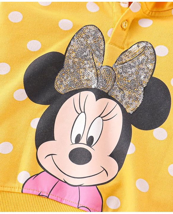 Babyhug Disney Cotton Knit Hooded Sweatshirt With Minnie Mouse Graphics & Sequin Bow Embroidery Detailing - Yellow