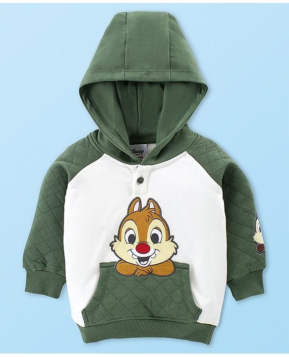 Babyhug Disney  Raglan Full Sleeves Sweatshirt With Hood & Chip and Dale Applique Detailing - White & Green