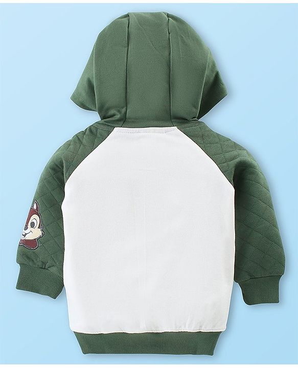 Babyhug Disney  Raglan Full Sleeves Sweatshirt With Hood & Chip and Dale Applique Detailing - White & Green