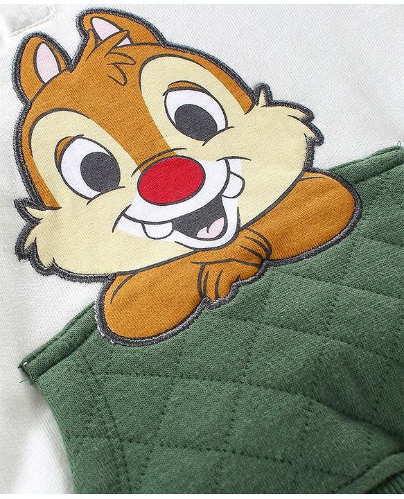 Babyhug Disney  Raglan Full Sleeves Sweatshirt With Hood & Chip and Dale Applique Detailing - White & Green