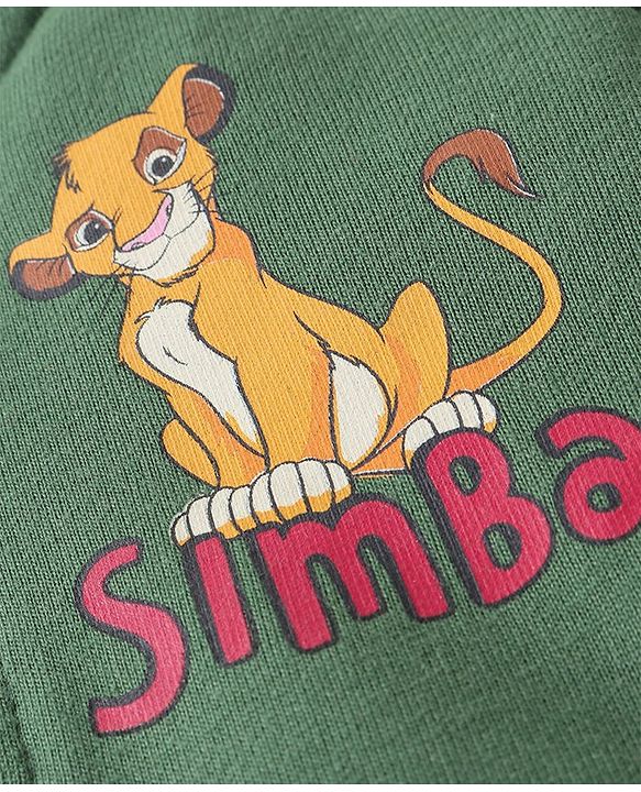 Babyhug Disney Front Open Full Sleeves Hooded Sweat Shirt With Lion King Graphic - Olive Green