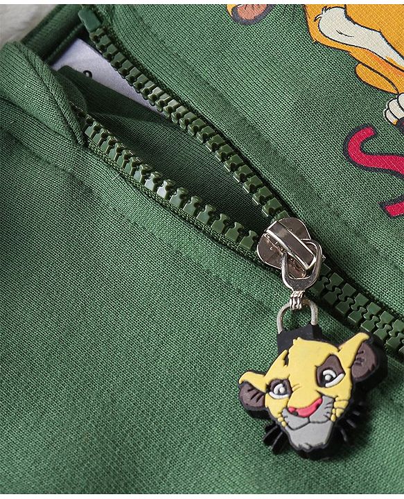 Babyhug Disney Front Open Full Sleeves Hooded Sweat Shirt With Lion King Graphic - Olive Green