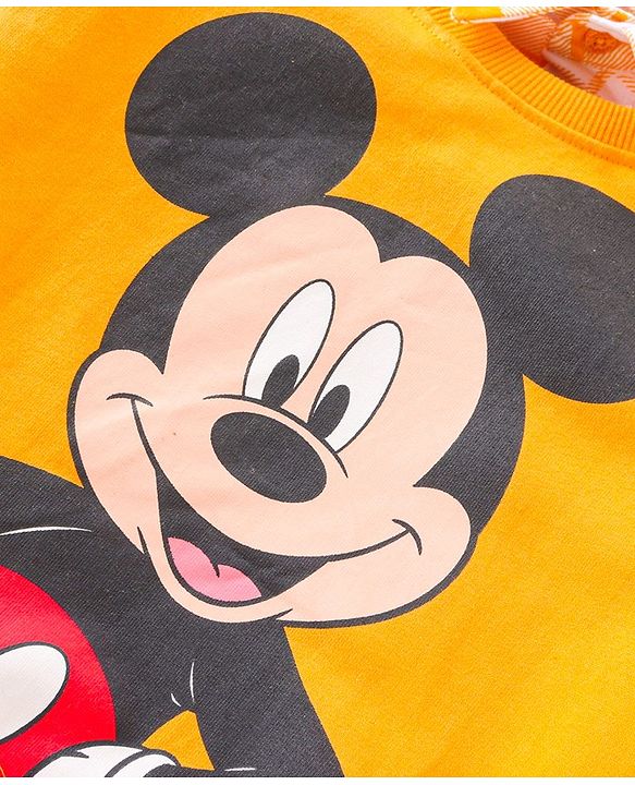 Babyhug Disney 100% Cotton Knit Full Sleeves Overlap Sweatshirt With Mickey Mouse Graphics & Collar Detailing - Yellow
