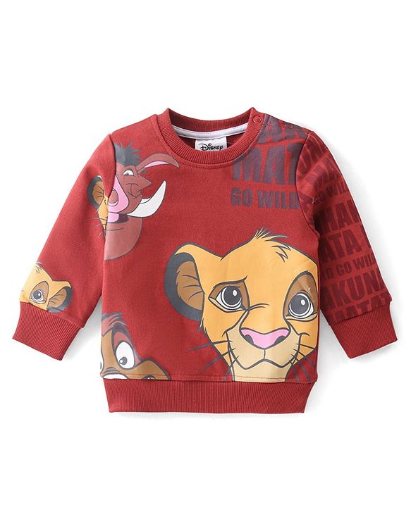 Babyhug Disney Cotton Knit Full Sleeves Sweatshirt With The Lion King Graphics - Maroon
