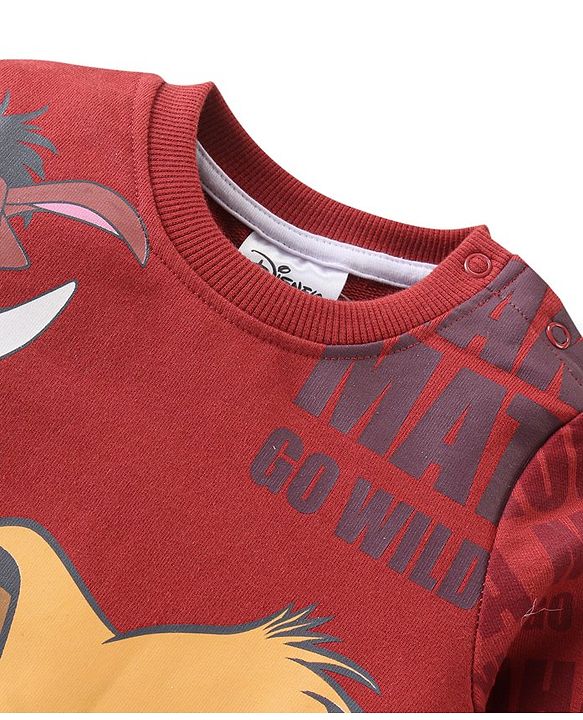 Babyhug Disney Cotton Knit Full Sleeves Sweatshirt With The Lion King Graphics - Maroon