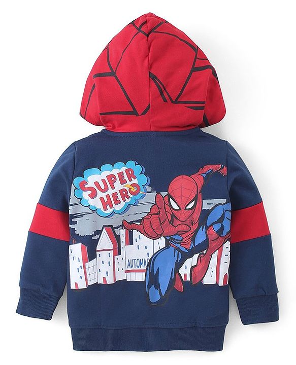 Babyhug Marvels Cotton Knit Full Sleeves Front Open Hooded Sweat Jacket with Zipper & Spider Man Graphics - Navy Blue & Red