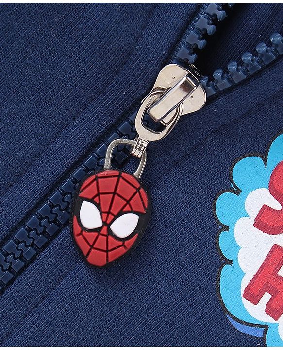 Babyhug Marvels Cotton Knit Full Sleeves Front Open Hooded Sweat Jacket with Zipper & Spider Man Graphics - Navy Blue & Red