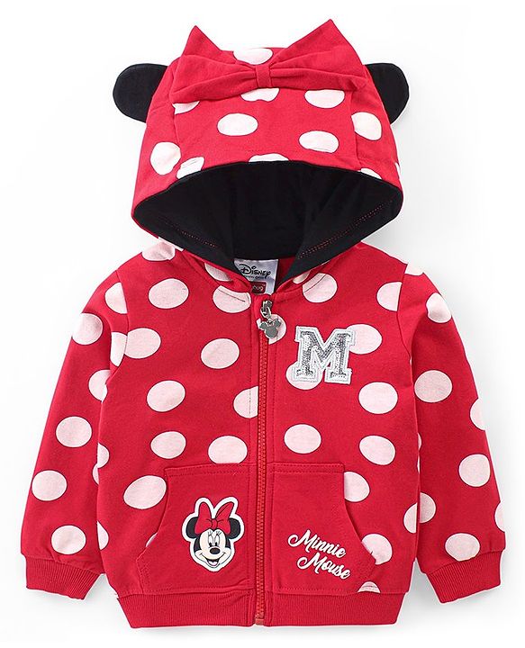 Babyhug Disney Knit Front Open Full Sleeves Sweat Jacket With Hood & Minnie Mouse Graphics - Red