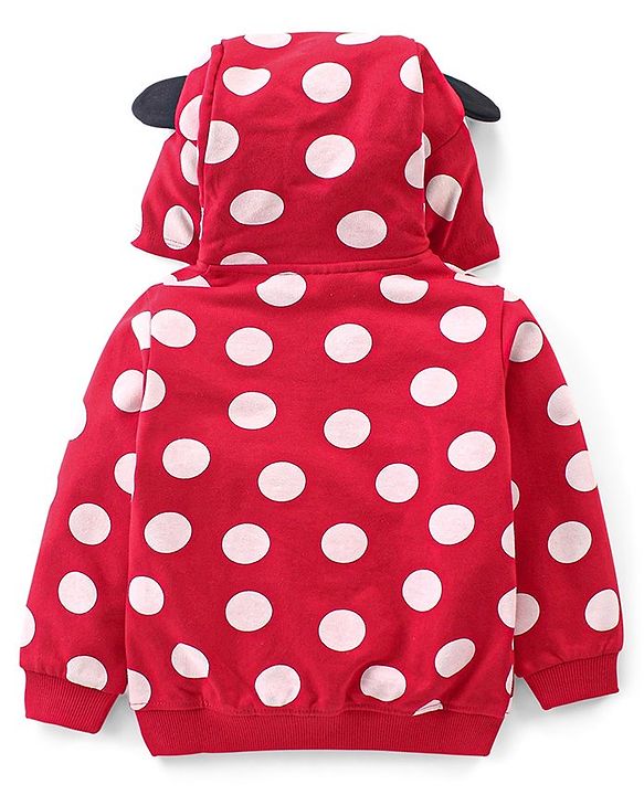 Babyhug Disney Knit Front Open Full Sleeves Sweat Jacket With Hood & Minnie Mouse Graphics - Red