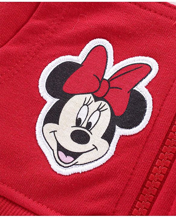 Babyhug Disney Knit Front Open Full Sleeves Sweat Jacket With Hood & Minnie Mouse Graphics - Red