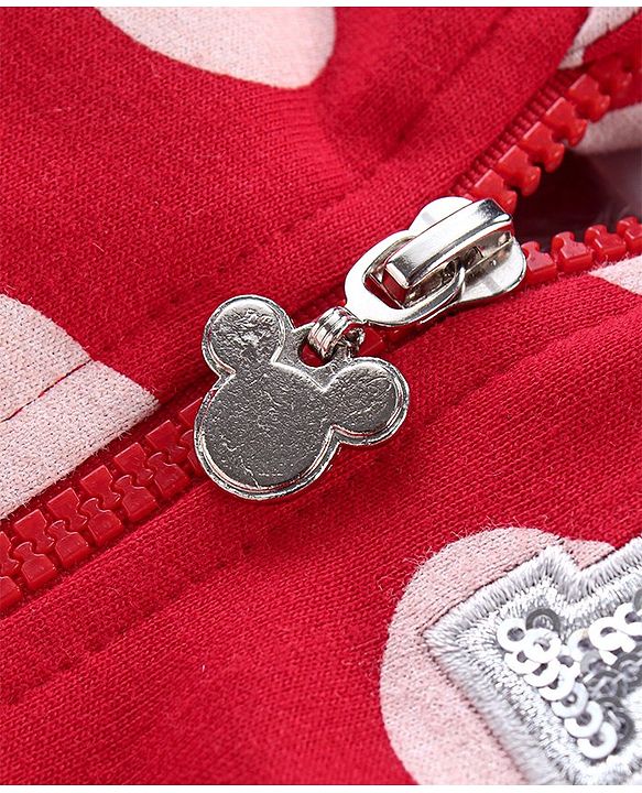 Babyhug Disney Knit Front Open Full Sleeves Sweat Jacket With Hood & Minnie Mouse Graphics - Red