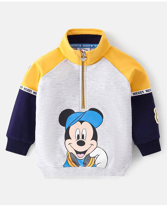Babyhug Disney Cotton Knit Full Raglan Sleeves High Neck Sweatshirt With Mickey Mouse Graphics - Grey