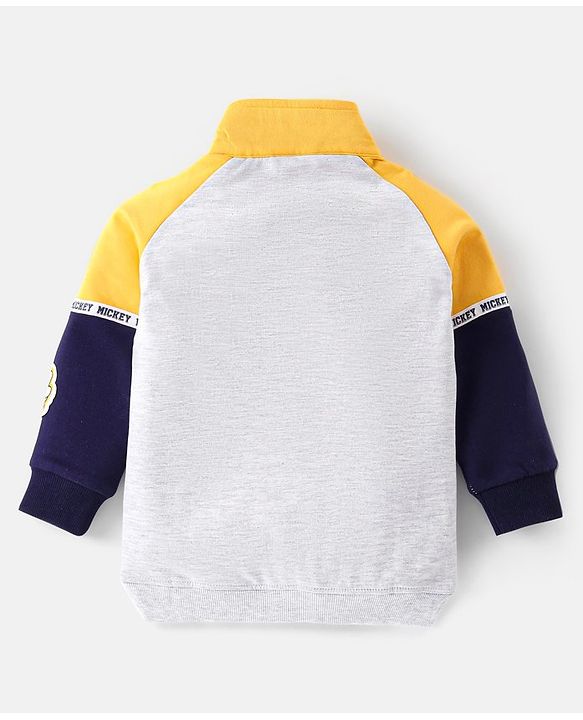Babyhug Disney Cotton Knit Full Raglan Sleeves High Neck Sweatshirt With Mickey Mouse Graphics - Grey