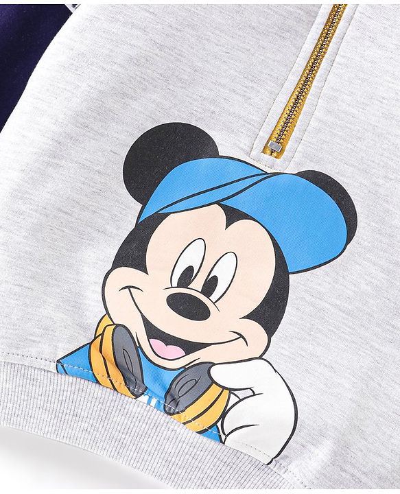 Babyhug Disney Cotton Knit Full Raglan Sleeves High Neck Sweatshirt With Mickey Mouse Graphics - Grey