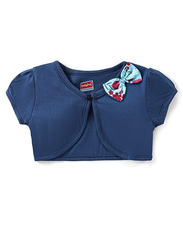 Babyhug Single Jersey Knit Frock with Half Sleeves Jacket Floral Print & Bow Applique - Blue