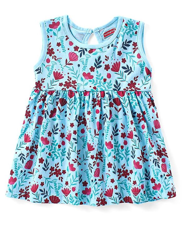 Babyhug Single Jersey Knit Frock with Half Sleeves Jacket Floral Print & Bow Applique - Blue