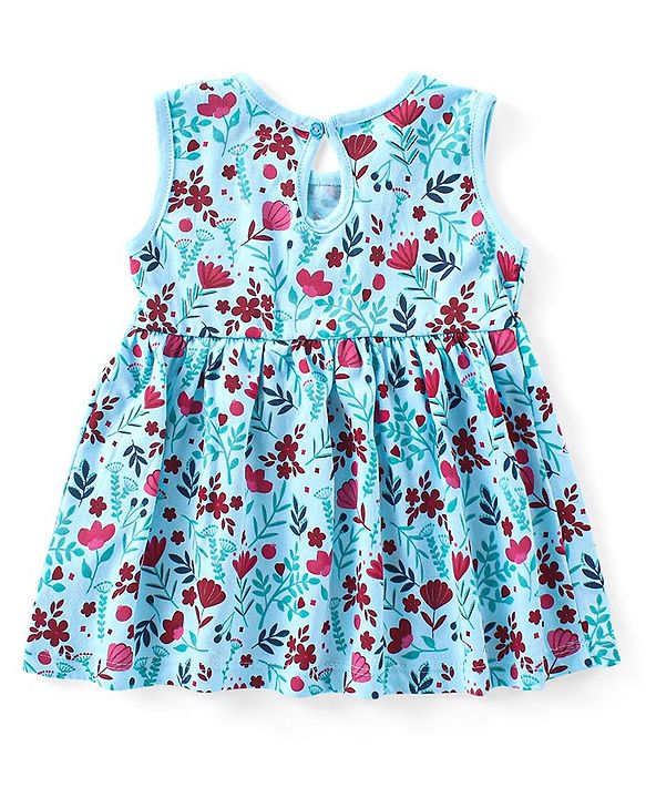 Babyhug Single Jersey Knit Frock with Half Sleeves Jacket Floral Print & Bow Applique - Blue