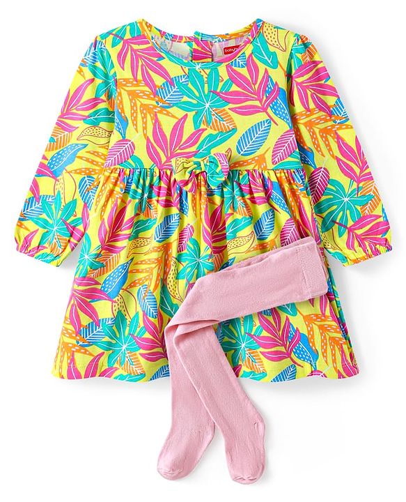 Babyhug Single Jersey Knit Full Sleeves Floral Print Frock With Leggings - Lemon Yellow
