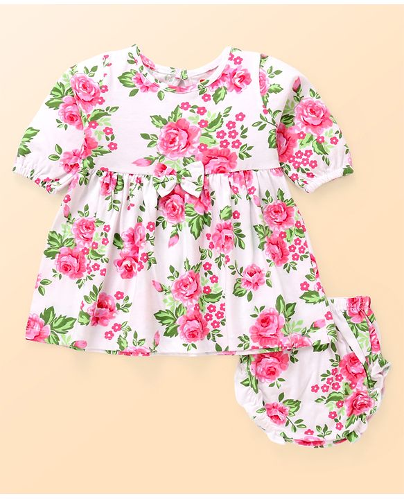 Babyhug Preemie Cotton Knit Full Sleeves Frock with Floral Print & Bloomer - White
